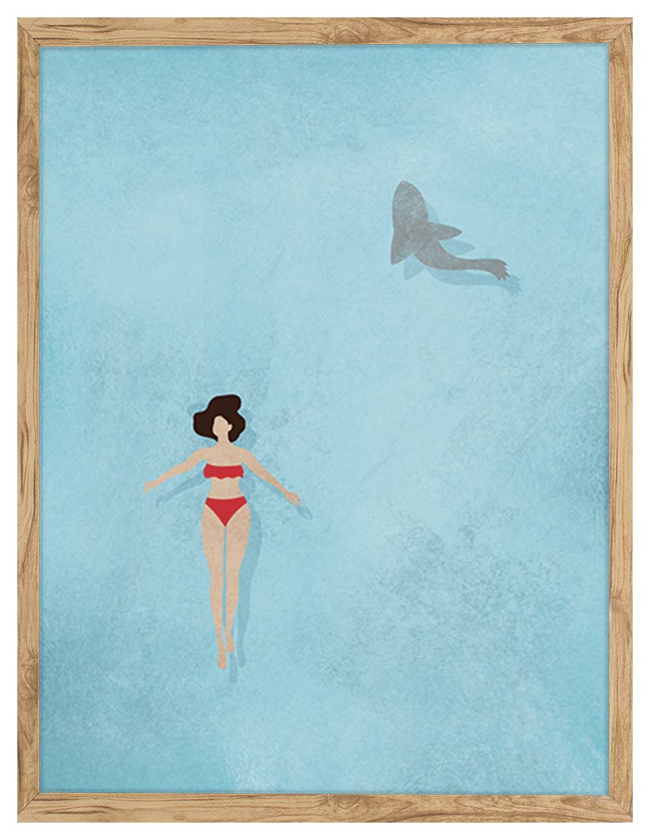 Flotando: persona con traje de baño rojo flotando en agua turquesa, cuadro con marco madera (IAB-033)