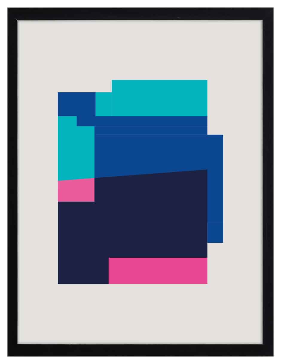 Fondeadero: bloques azul marino, azul y turquesa con toques rosa sobre fondo gris claro, cuadro con marco negro (JG-126)