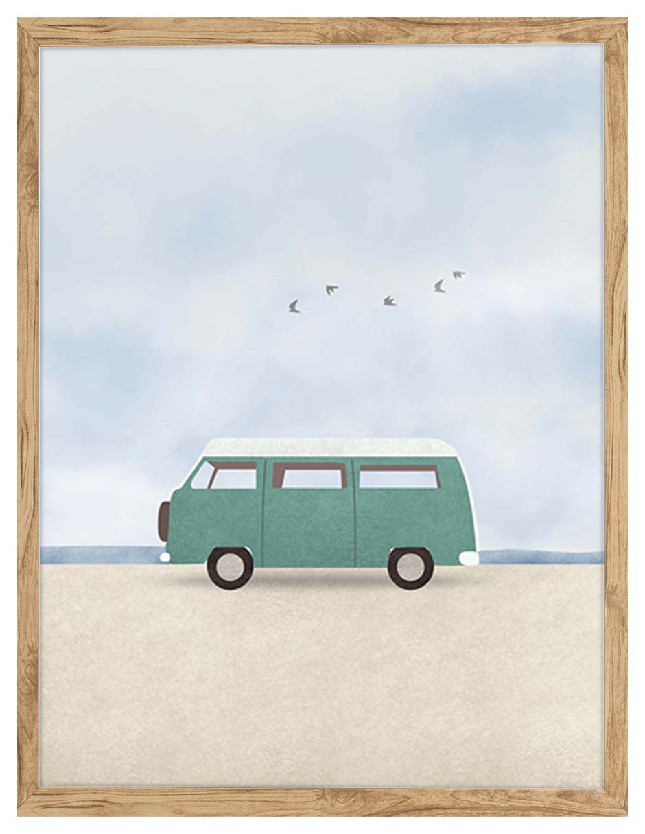 Furgoneta: furgoneta verde menta en la playa con cielo de nubes y pájaros, cuadro con marco madera (IAB-037)