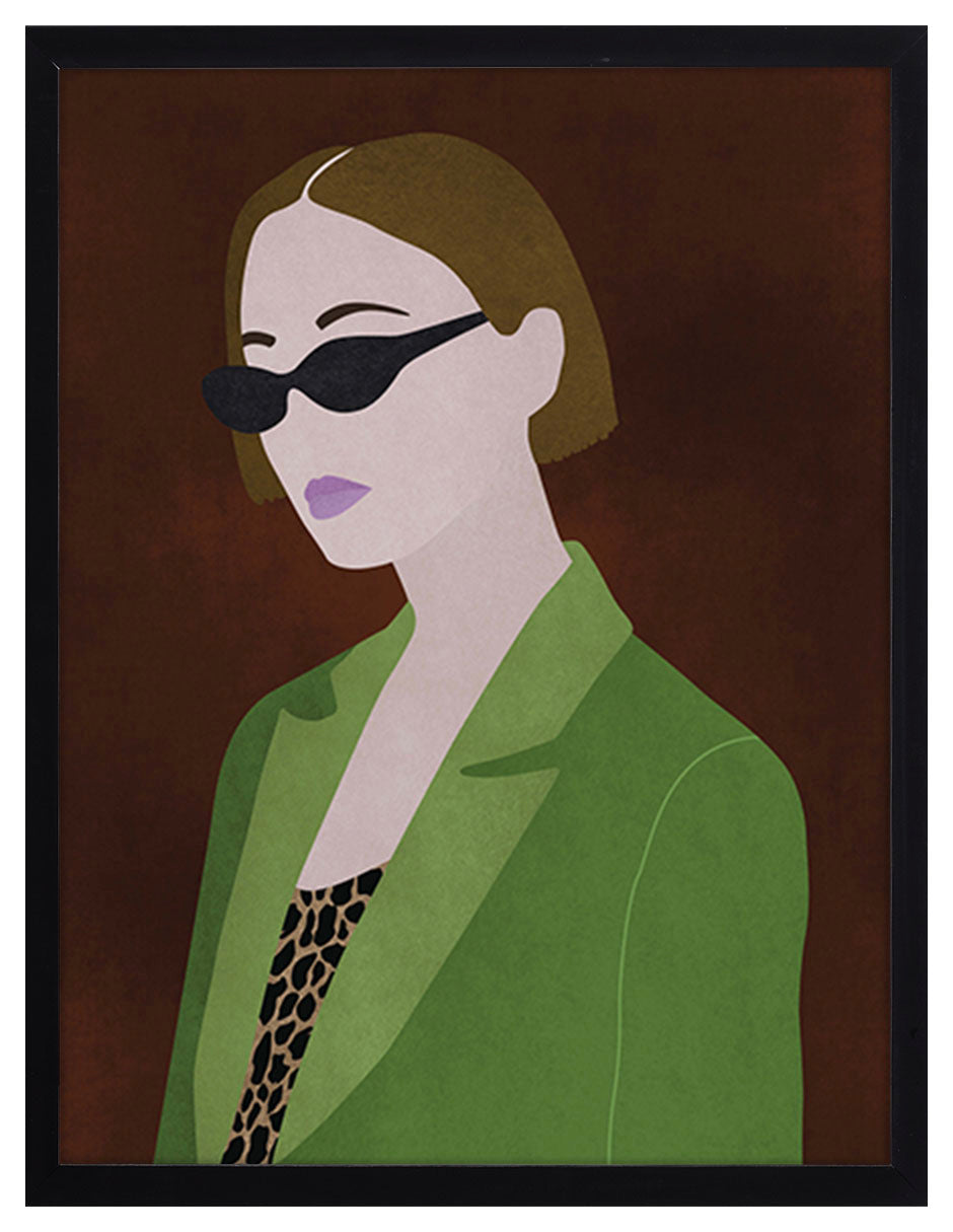 Gafas: figura de cabello corto castaño con gafas oscuras, saco verde y blusa de leopardo, cuadro con marco negro (SA-009)