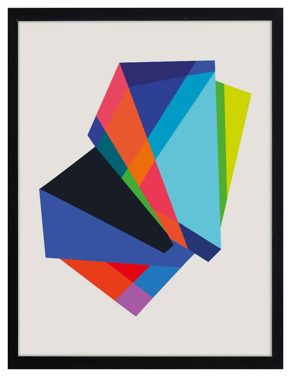 Gema: forma facetada en azul, rojo, naranja, celeste y verde lima sobre fondo claro, cuadro con marco negro (JG-142)