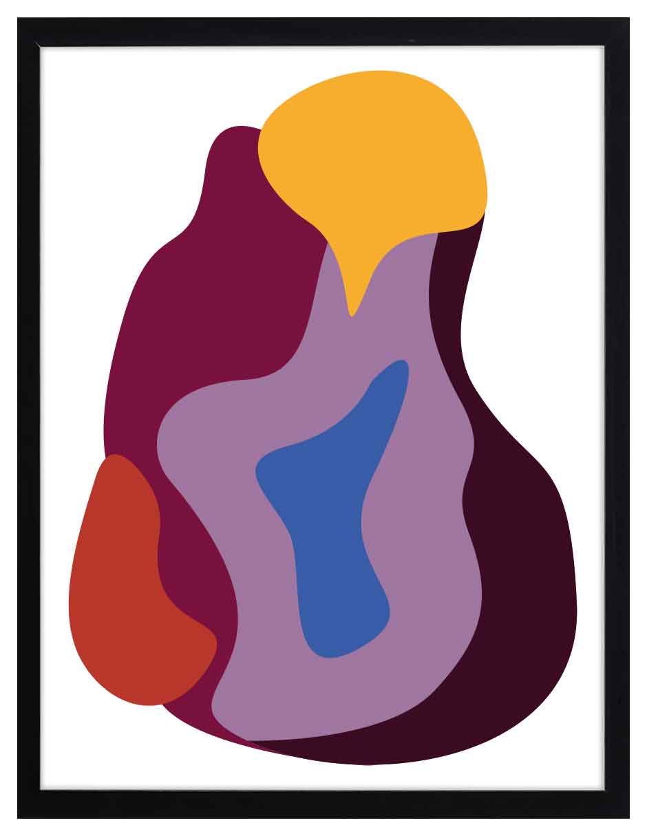 Higo: forma en pera con capas vino, moradas y azules y un toque naranja sobre fondo blanco, cuadro con marco negro (FO-131)