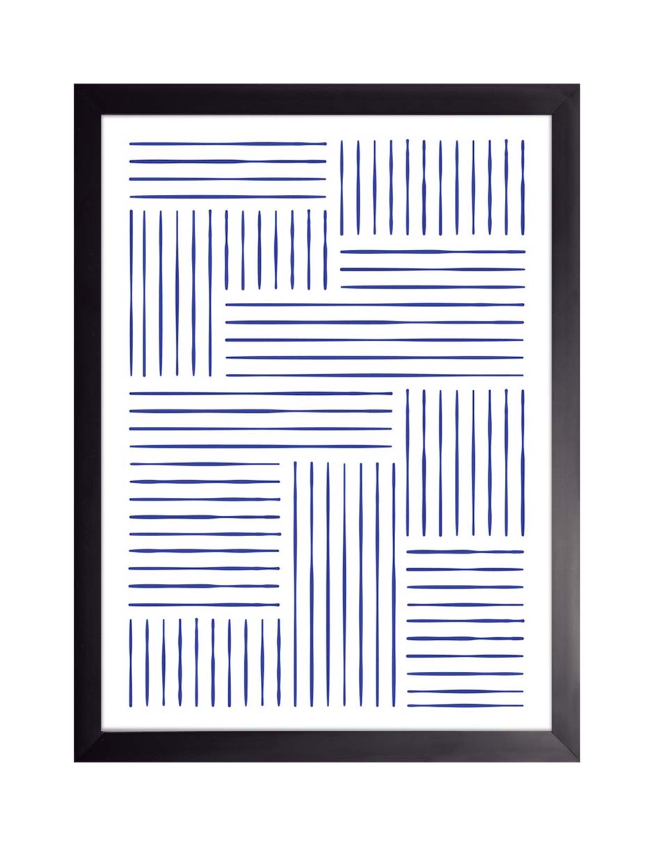 Hilván: bloques de líneas azules verticales y horizontales con una columna central larga, cuadro con marco negro (L-016)