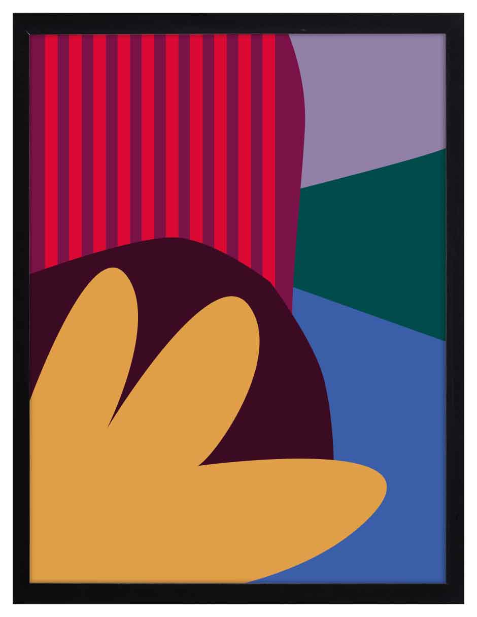 Jungla: colina vino con hojas ocre, franjas rojas y rosas y bloques azul, verde y lila, cuadro con marco negro (FO-144)