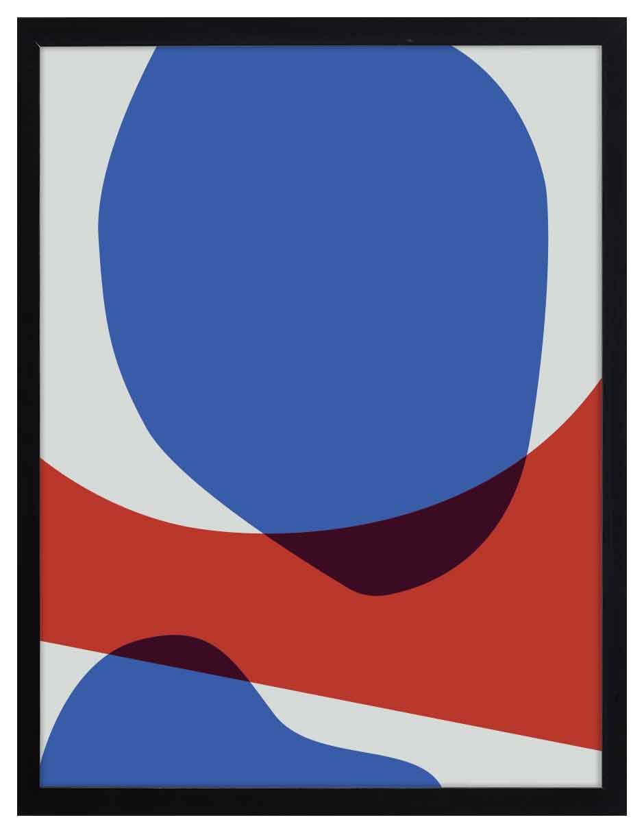 Laguna: gran forma azul sobre una banda roja con fondo gris claro y transparencias, cuadro con marco negro (FO-128)