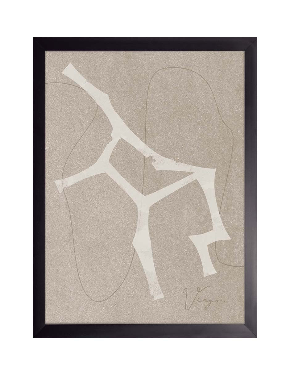 Mapa de Arena: forma blanca ramificada sobre fondo taupe con textura, cuadro con marco negro (SAB-029)