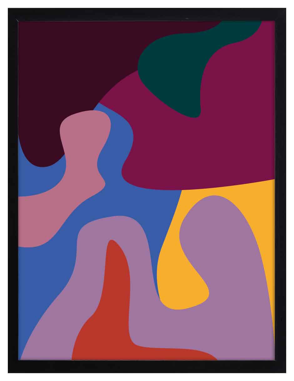 Mercado: formas orgánicas apretadas en vino, azul, morado, naranja y rosa, cuadro con marco negro (FO-132)