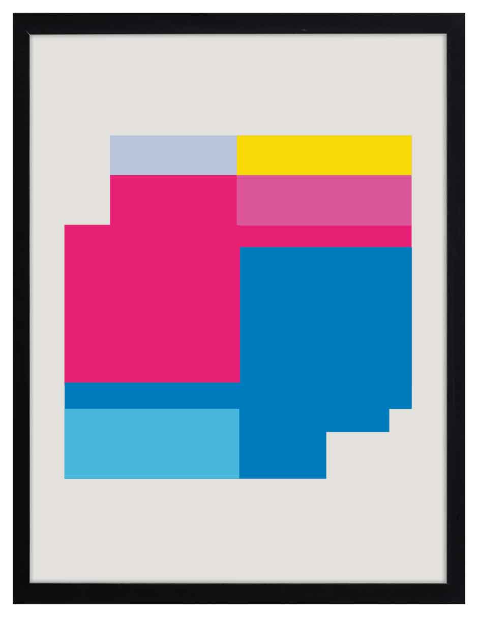 Metrópoli: bloques fucsia, rosa, celeste y azul con bordes escalonados, cuadro con marco negro (JG-122)