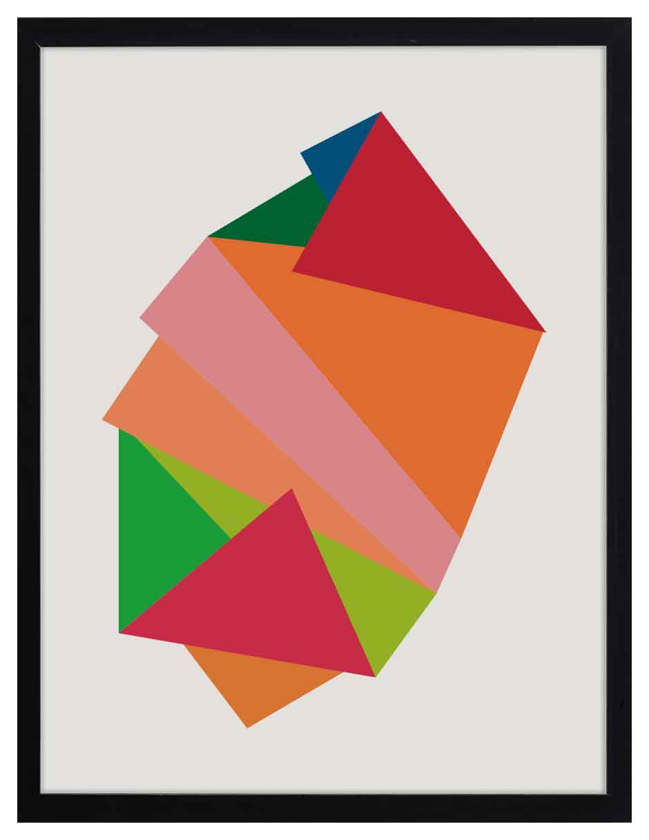 Mineral: planos facetados en naranja, rosa, rojo y verde sobre fondo gris claro, cuadro con marco negro (JG-146)