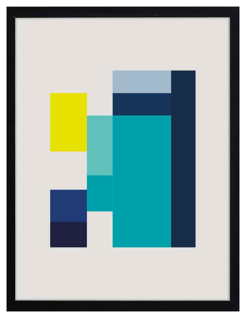Muelle: bloques turquesa, azul marino, gris azulado y amarillo alineados sobre fondo claro, cuadro con marco negro (JG-140)