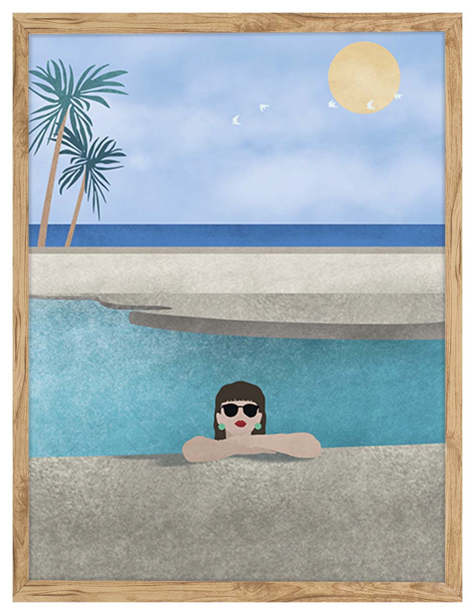 Oasis: persona con lentes oscuros en una alberca turquesa con palmeras, cuadro con marco madera (IAB-045)
