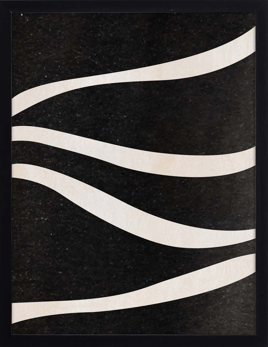 Oleaje: olas largas color crema sobre fondo negro con textura, cuadro con marco negro (F-051)