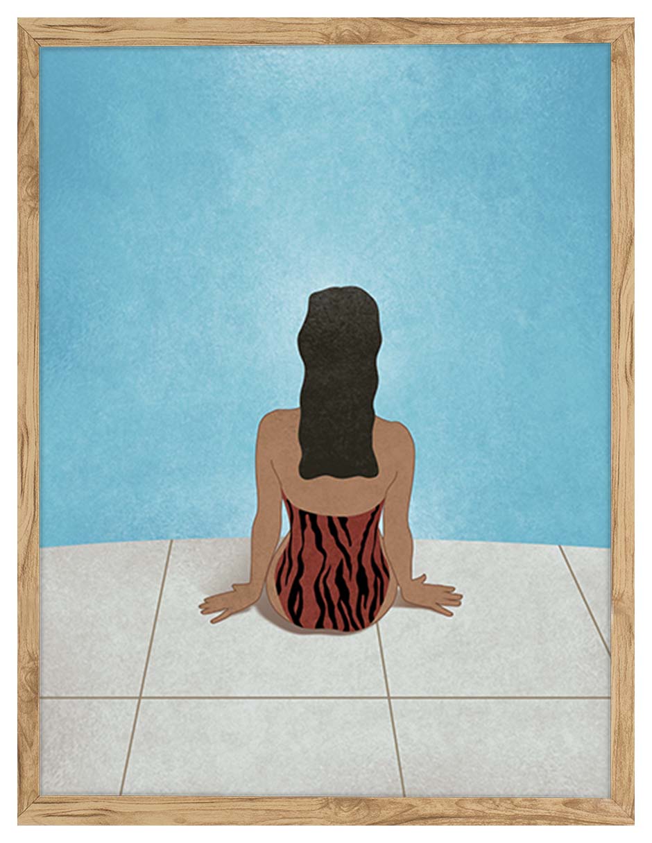 Orilla: persona sentada de espaldas junto a una alberca turquesa con traje rojo, cuadro con marco madera (IAB-046)