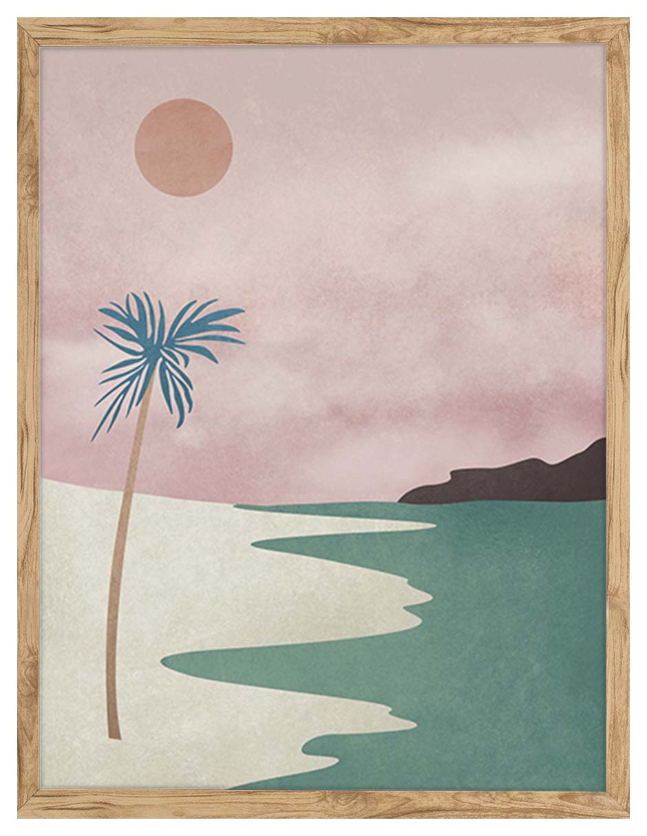 Palmar: palmera y río verde sobre arena bajo un cielo rosa con sol suave, cuadro con marco madera (IAB-038)