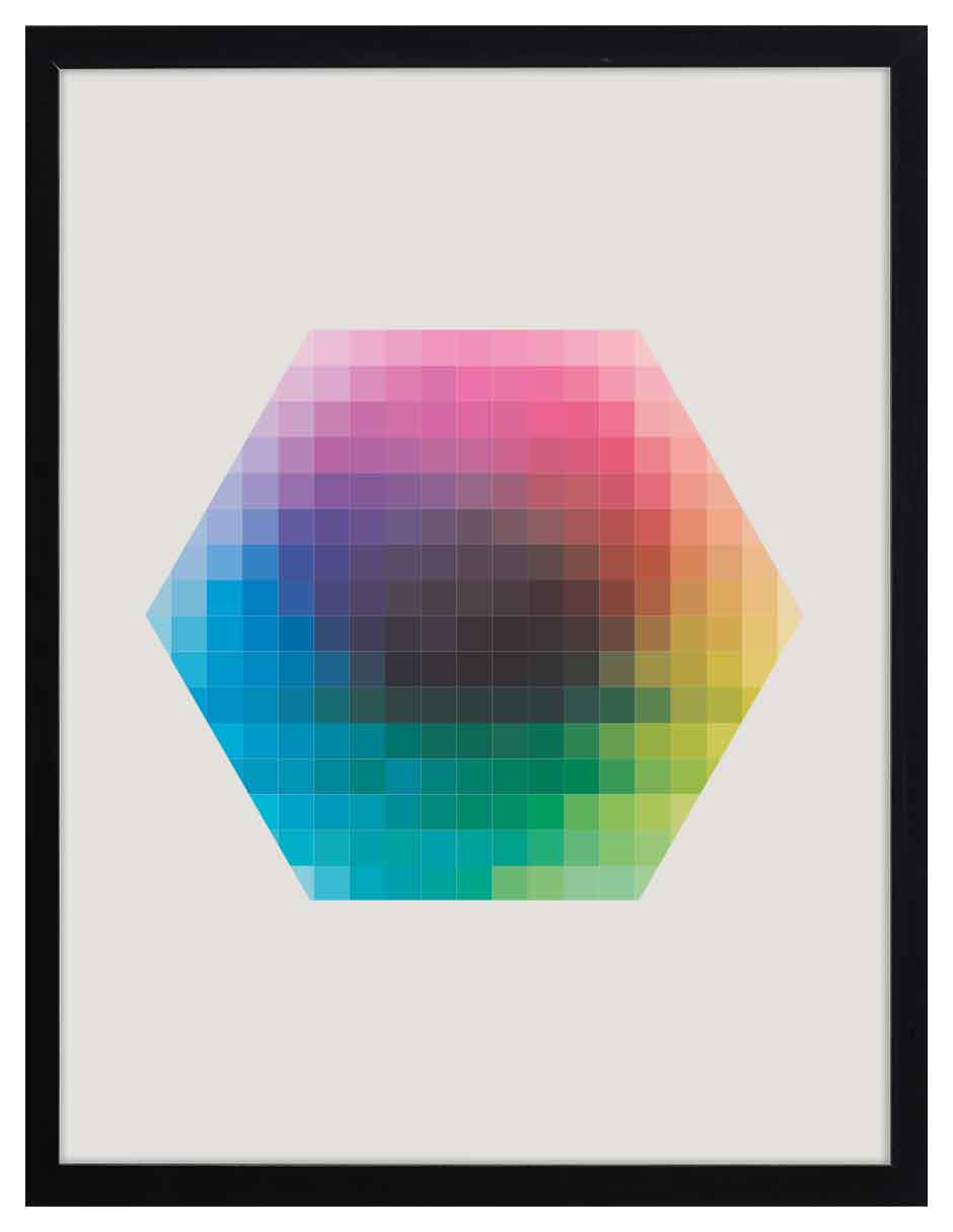 Panal: hexágono de cuadritos en degradado de rosa, morado, azul, verde y amarillo, cuadro con marco negro (JG-153)