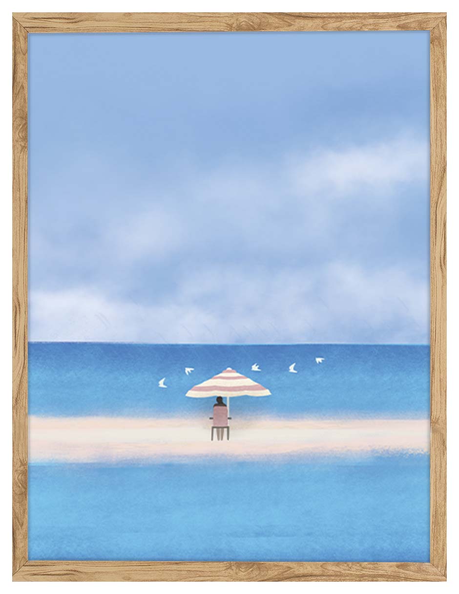 Parasol: sombrilla a rayas y una silla sobre un banco de arena en un mar azul, cuadro con marco madera (IAB-034)