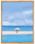 Parasol: sombrilla a rayas y una silla sobre un banco de arena en un mar azul, cuadro con marco madera (IAB-034)