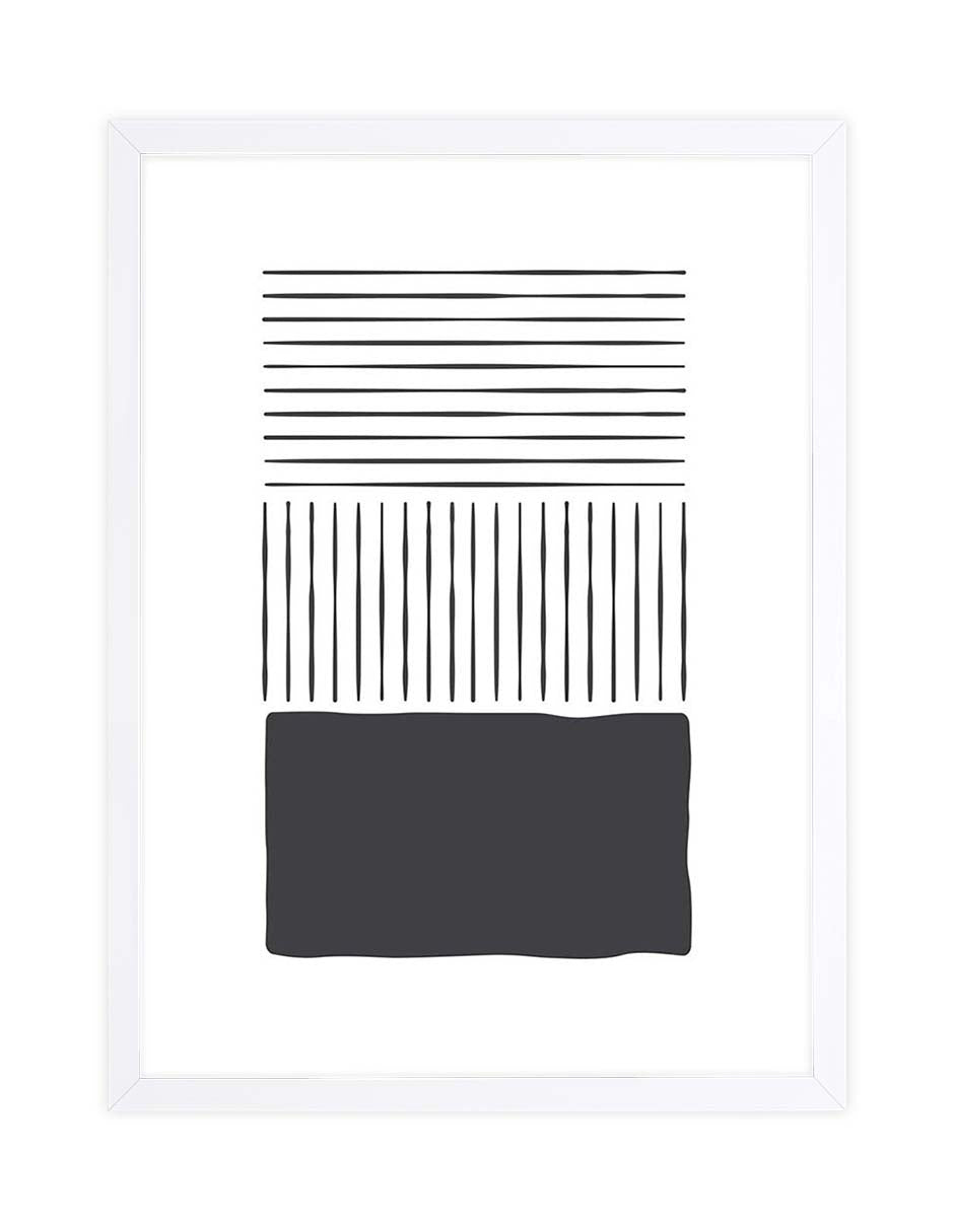 Plinto: franjas negras horizontales y verticales sobre un bloque oscuro en la parte inferior, cuadro con marco blanco (L-029)