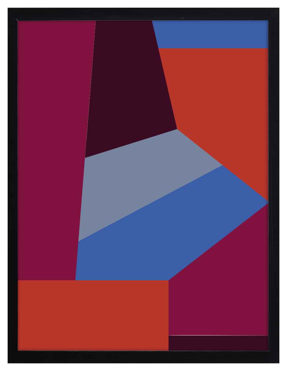 Polígonos: planos angulares en vino, azul grisáceo, naranja rojizo y azul, cuadro con marco negro (FO-146)