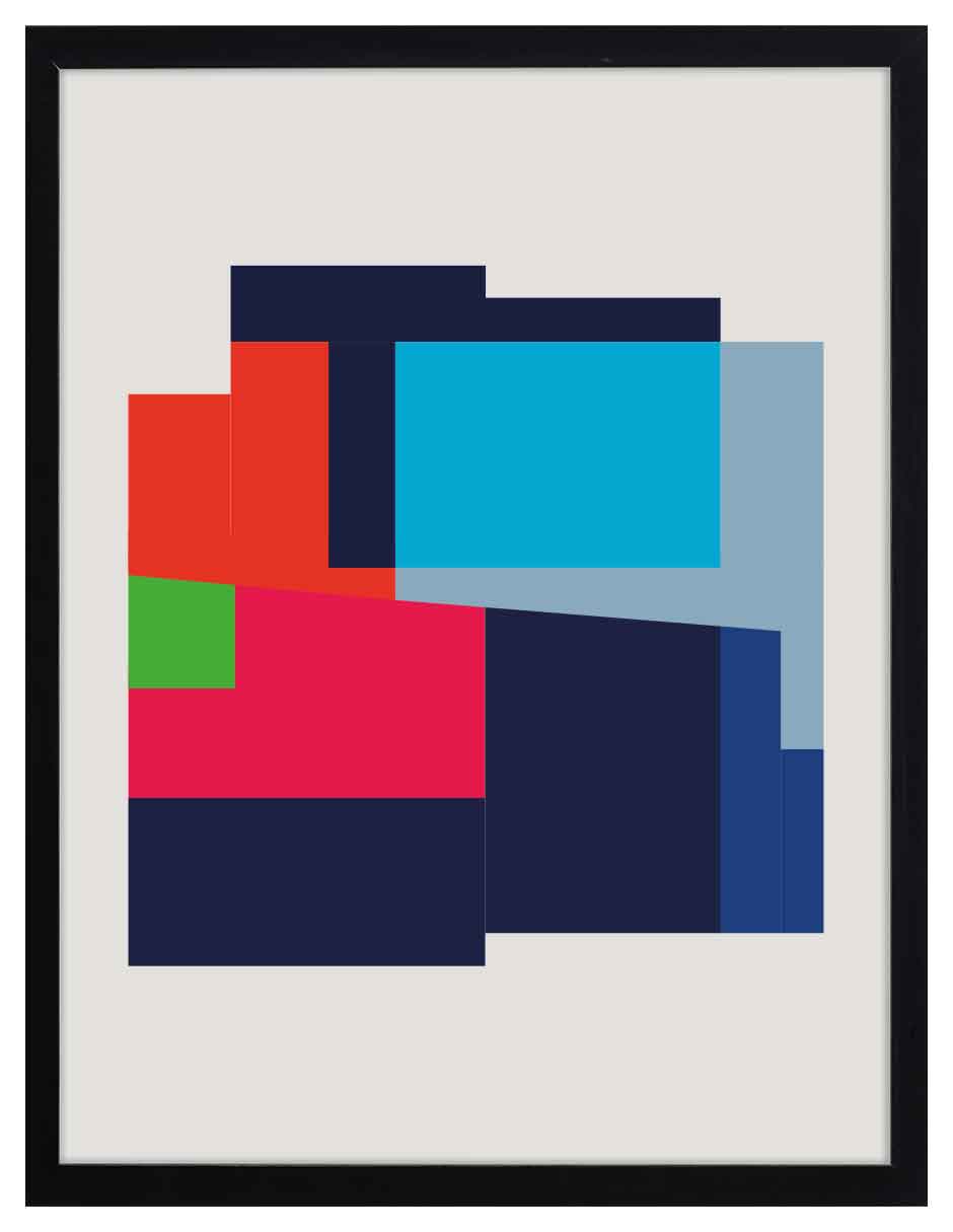 Pop Geo: bloques geométricos en azul marino, rojo, rosa y turquesa sobre fondo gris claro, cuadro con marco negro (JG-128)