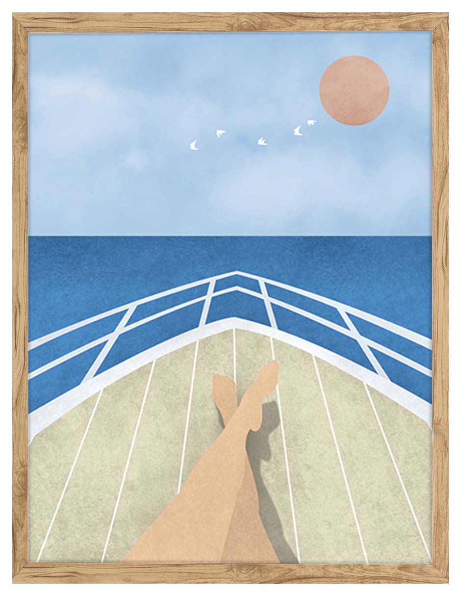 Proa: piernas cruzadas en la proa de un barco frente al mar con un sol rosa y pájaros, cuadro con marco madera (IAB-048)