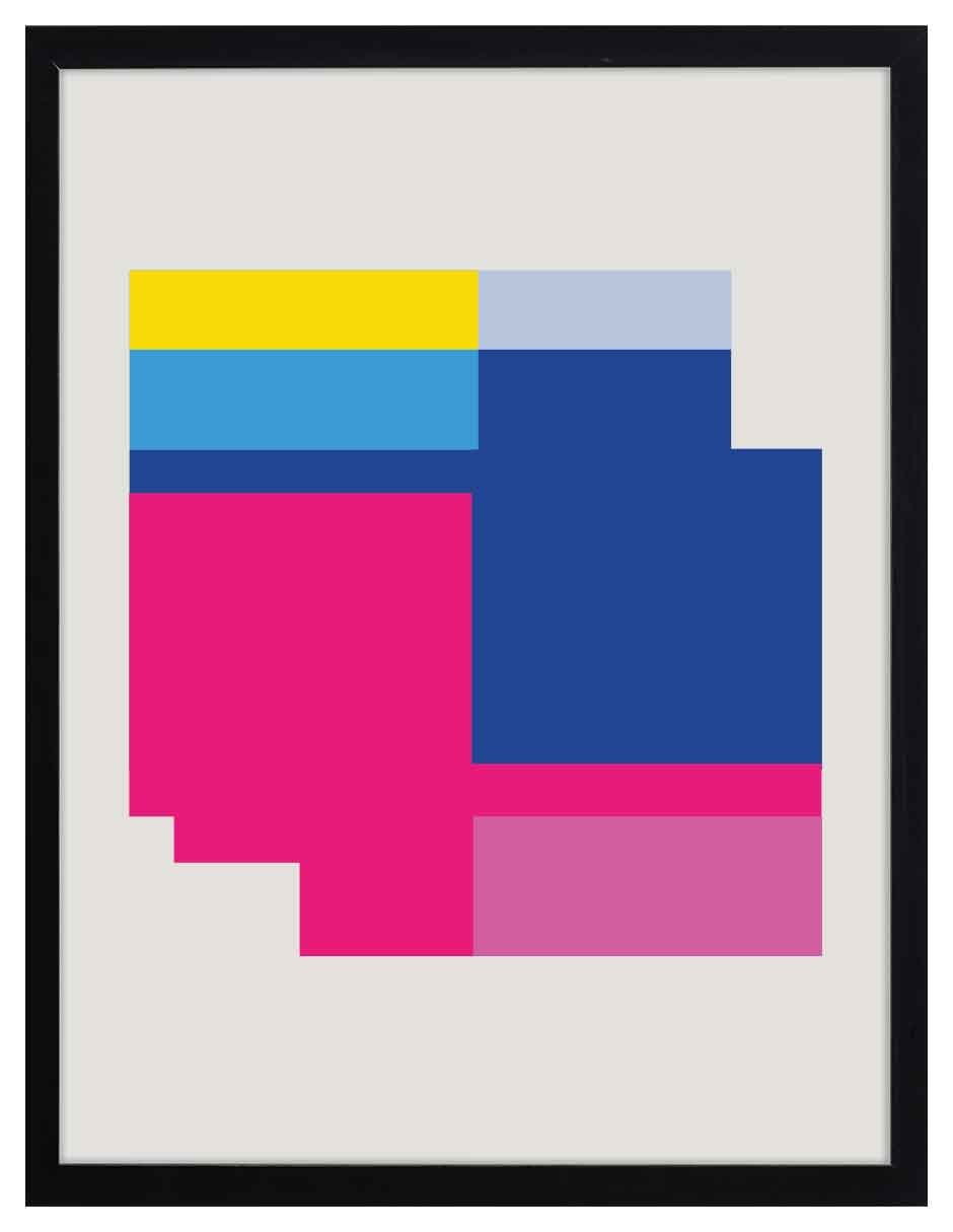 Rascacielos: bloques fucsia, rosa, azul y amarillo con bordes escalonados, cuadro con marco negro (JG-120)