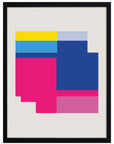 Rascacielos: bloques fucsia, rosa, azul y amarillo con bordes escalonados, cuadro con marco negro (JG-120)