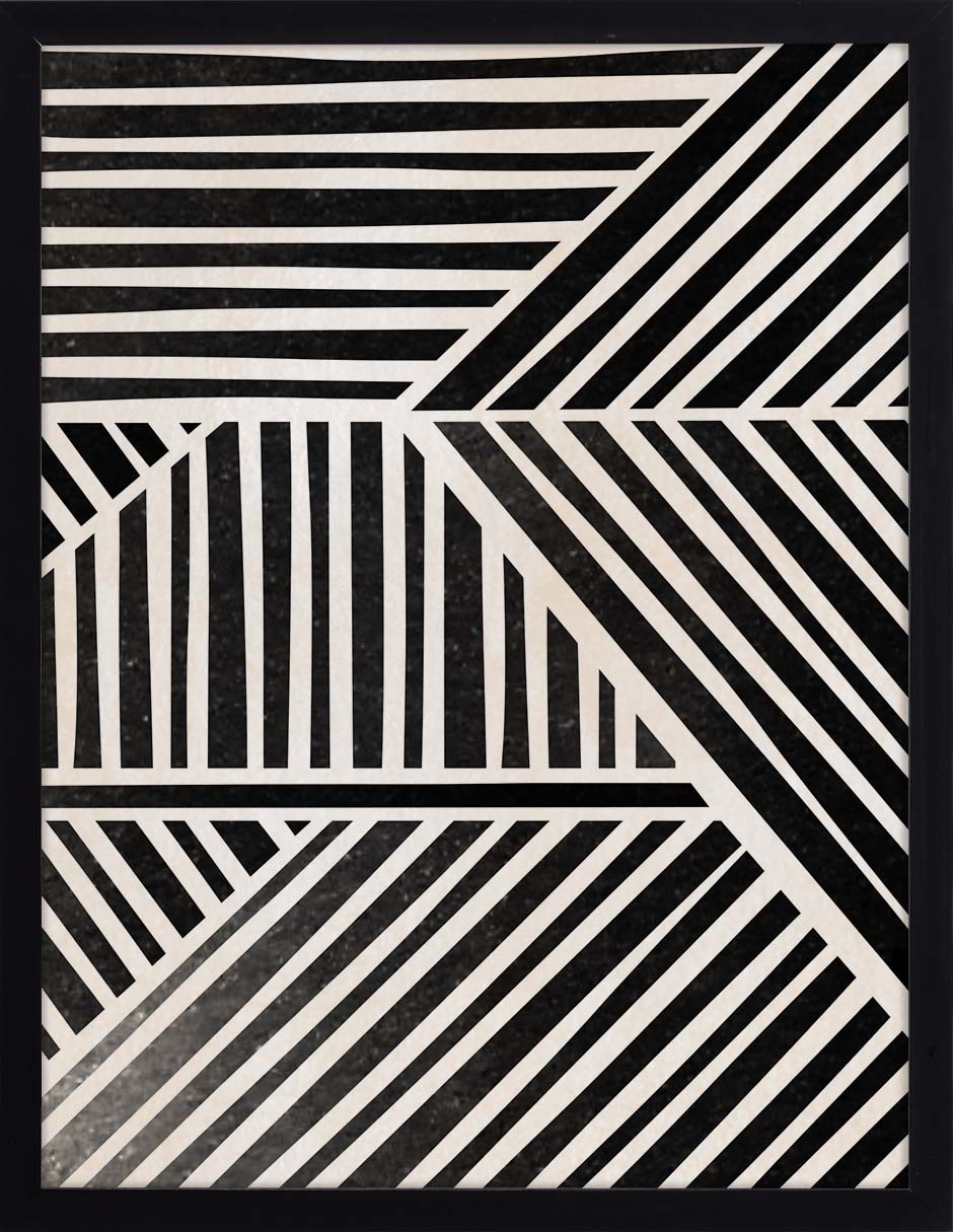 Rayado: franjas negras y crema en bloques horizontales, verticales y diagonales, cuadro con marco negro (F-062)