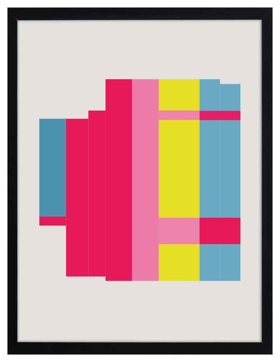 Registro: franjas verticales fucsia, rosa, amarillo y azul con bordes escalonados, cuadro con marco negro (JG-124)