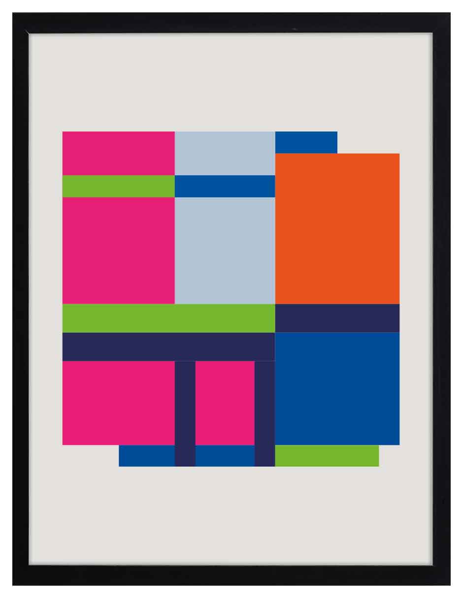 Retablo: bloques fucsia, celeste, naranja, azul y verde lima en rejilla, cuadro con marco negro (JG-132)