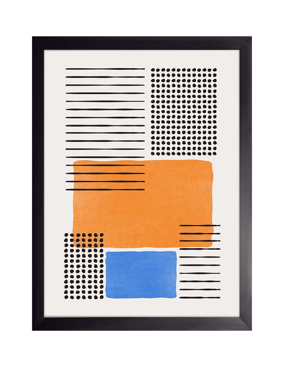 Retícula Viva: zonas de líneas negras y puntos con un bloque naranja y otro azul, cuadro con marco negro (VA-007)