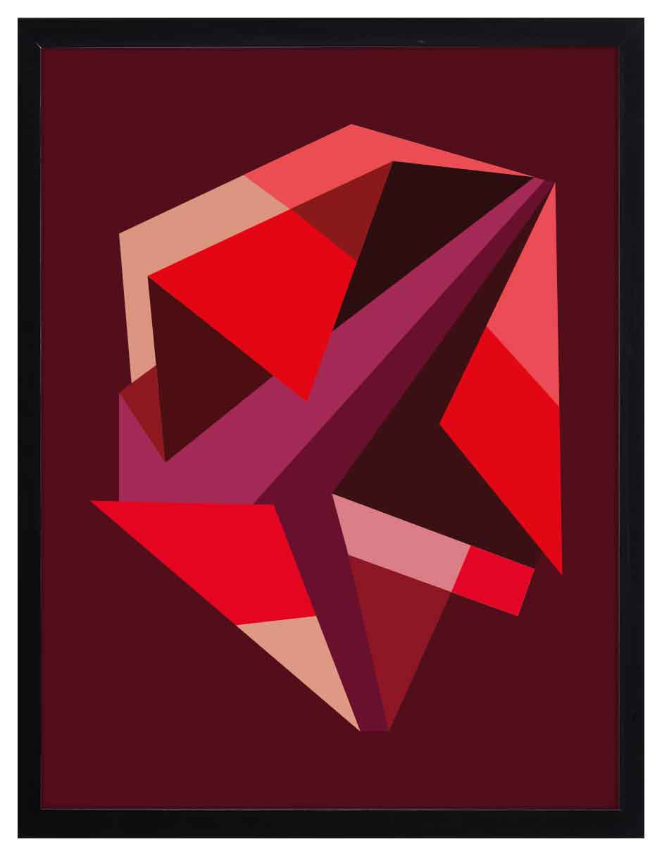 Rubí: forma facetada en rojo, rosa, vino y morado sobre fondo vino oscuro, cuadro con marco negro (JG-138)