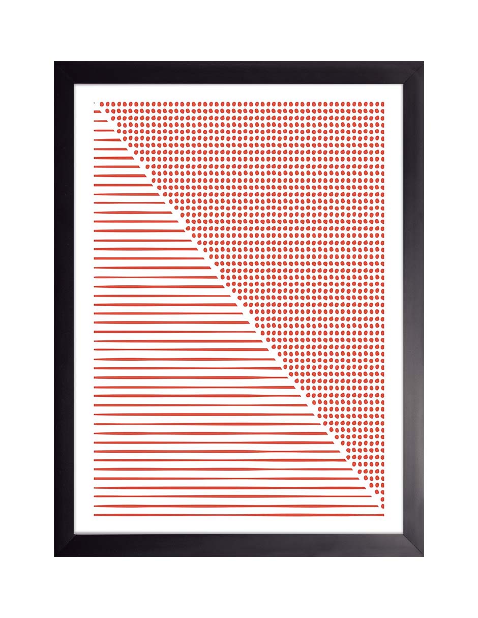 Semitono: diagonal con líneas rojas horizontales en un lado y puntos rojos en el otro, cuadro con marco negro (L-035)