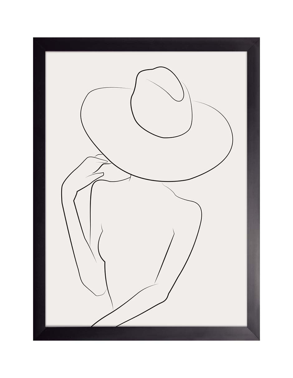 Sombrero Chic: dibujo de línea fina negra de una mujer con sombrero sobre fondo gris claro, cuadro con marco negro (SL-028)