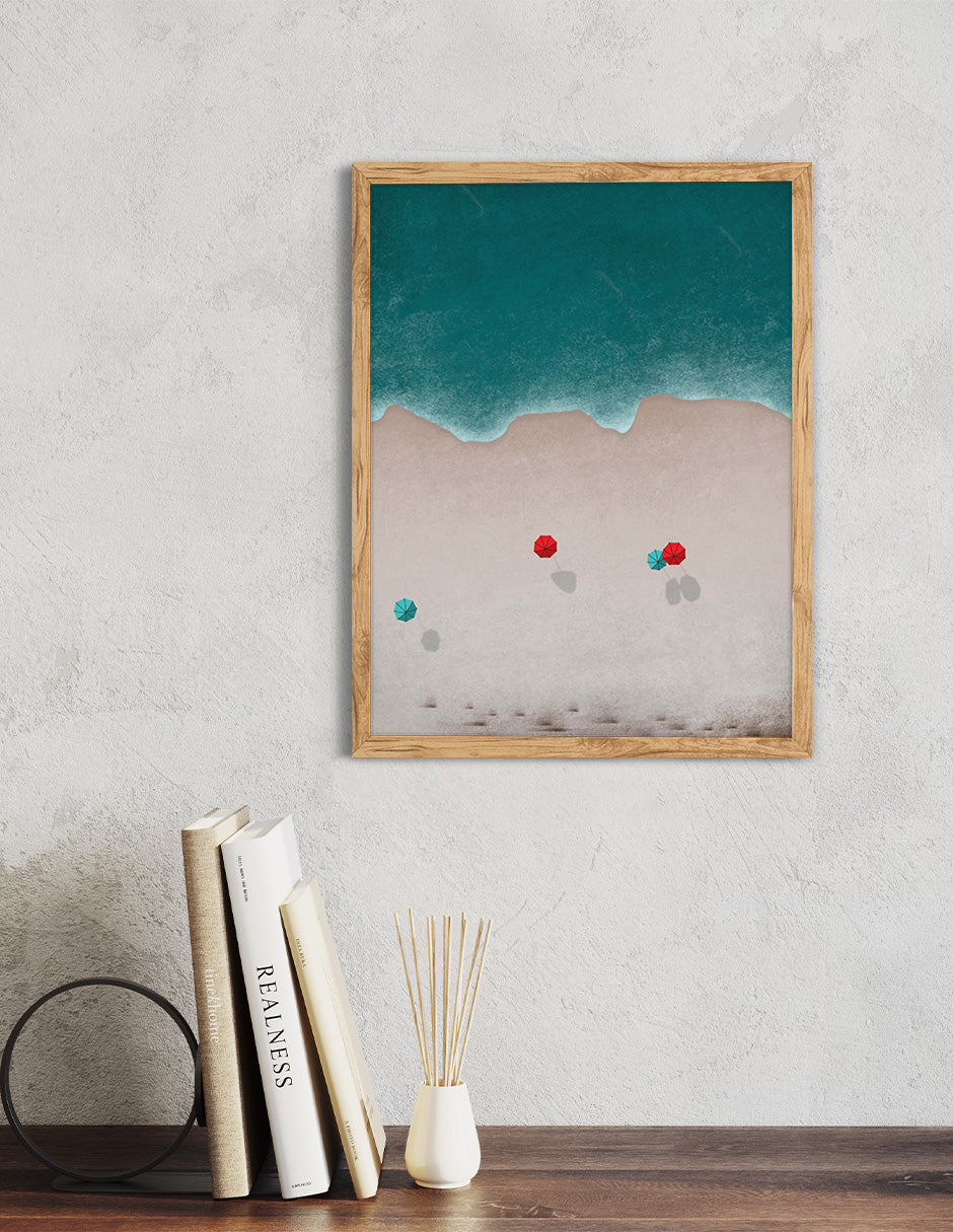 Sombrillas Rojas: cuadro decorativo, vista 2 (madera ambiente)