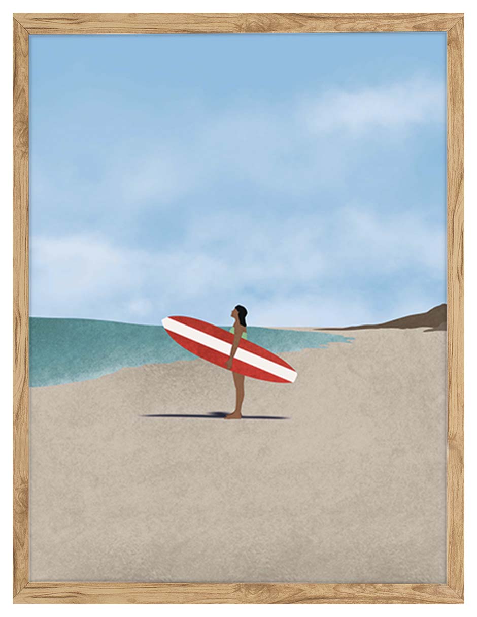 Surfista: persona con tabla de surf roja y blanca en una playa bajo un cielo azul, cuadro con marco madera (IAB-042)