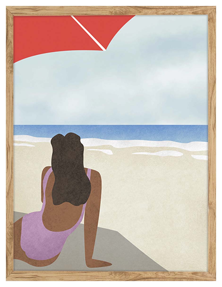 Tarde Tibia: persona sentada de espaldas en la playa con una sombrilla roja, cuadro con marco madera (IAB-035)