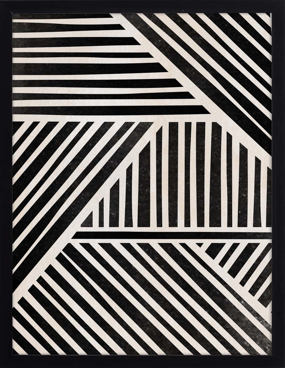 Telar: franjas negras y crema en bloques con diagonales y verticales como un tejido, cuadro con marco negro (F-063)