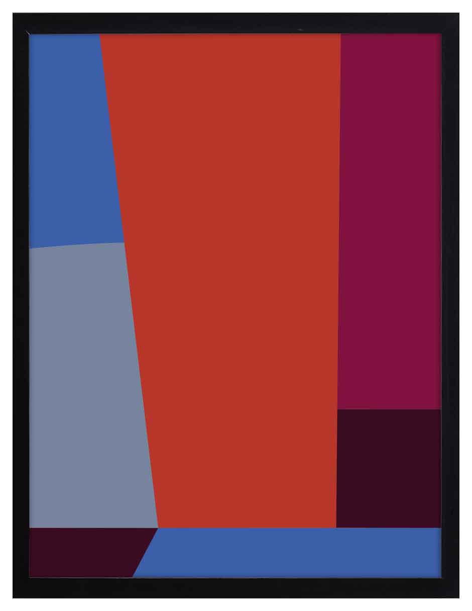 Telón: gran plano rojo anaranjado con bandas azul, vino y gris azulado, cuadro con marco negro (FO-147)