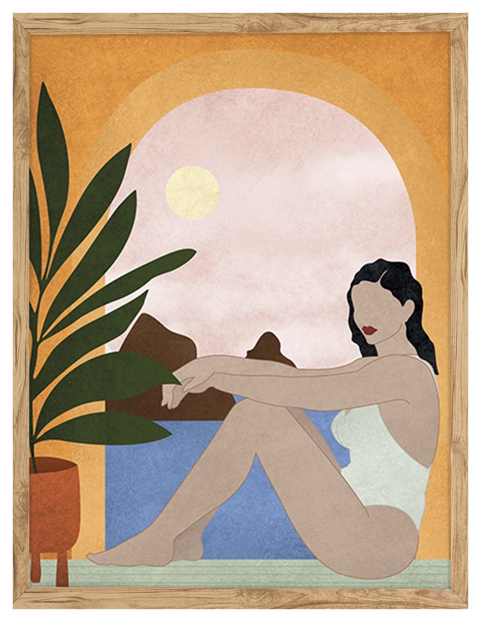 Terraza: persona sentada bajo un arco naranja junto a una planta, con sol y montañas, cuadro con marco madera (IAB-040)