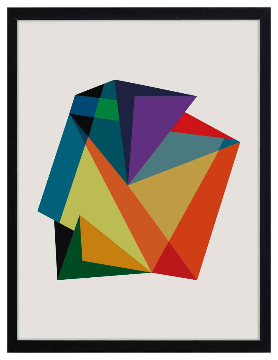 Topacio: forma facetada en verde oscuro, turquesa, ocre, naranja y morado sobre fondo claro, cuadro con marco negro (JG-144)