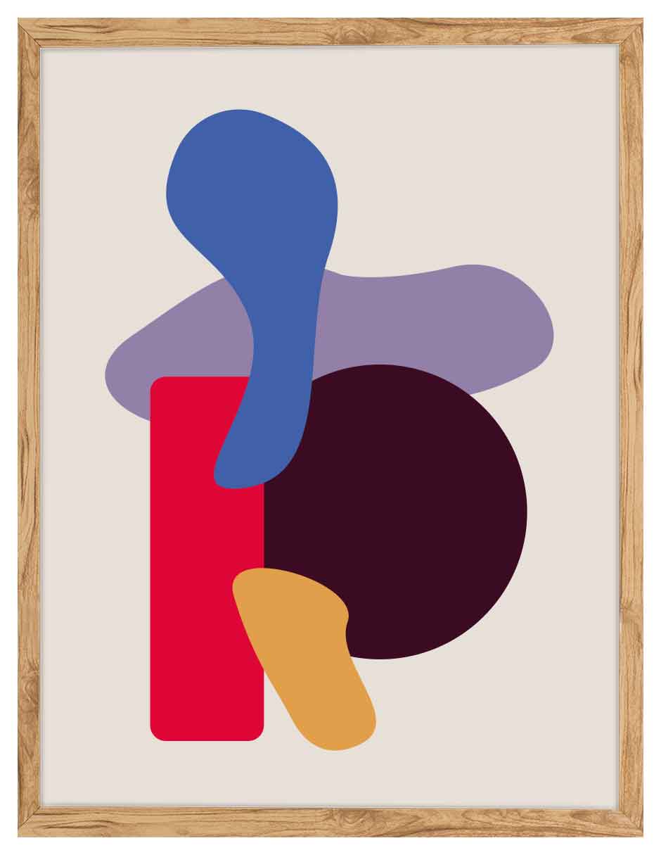 Trapecio: gota azul, círculo vino, rectángulo rojo y piezas lila y ocre sobre fondo beige, cuadro con marco madera (FO-137)