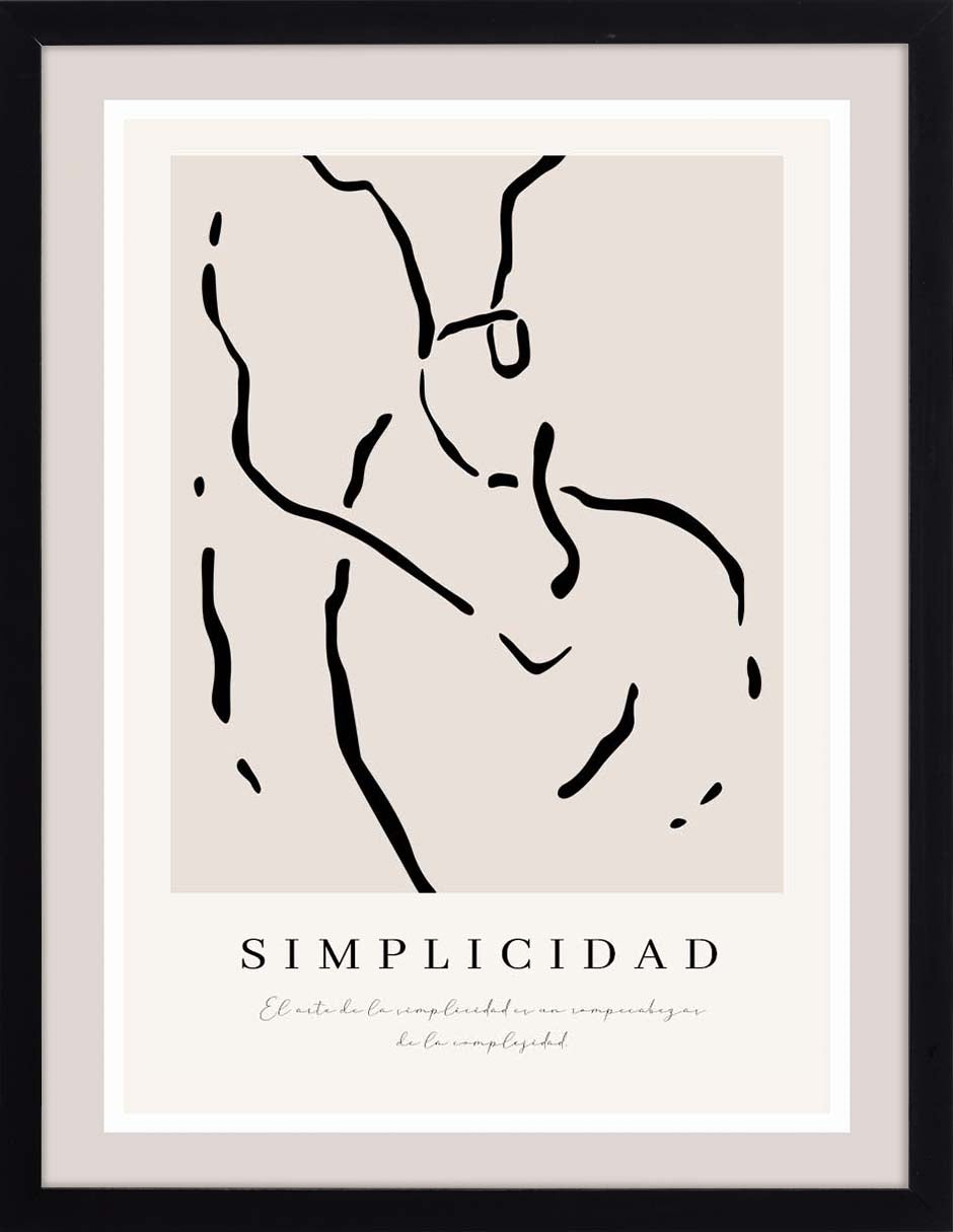 Trazo Quieto: dibujo de línea negra sobre beige con la palabra «Simplicidad», cuadro con marco negro (SL-043)