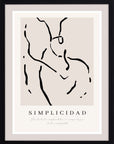 Trazo Quieto: dibujo de línea negra sobre beige con la palabra «Simplicidad», cuadro con marco negro (SL-043)
