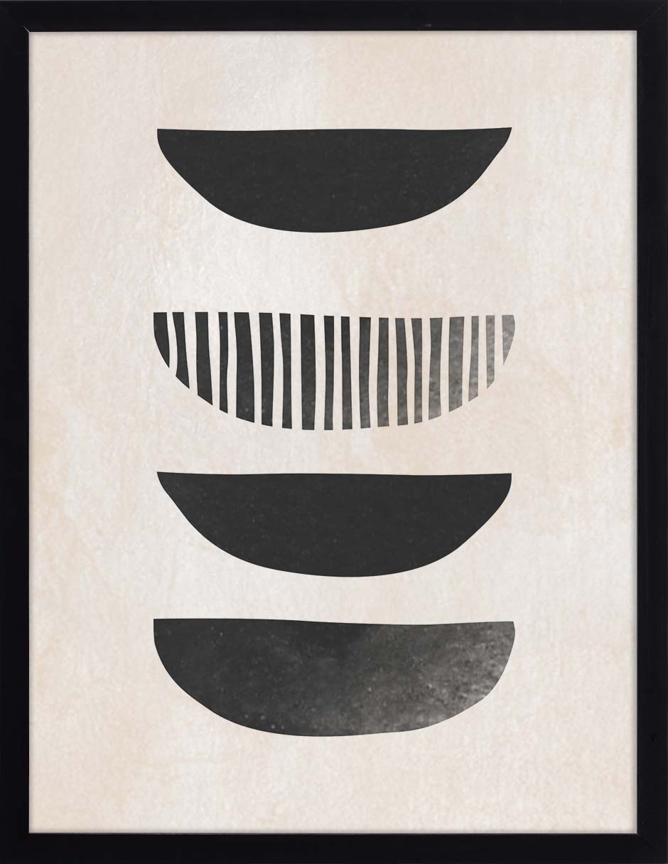 Vajilla: cuatro cuencos negros apilados, uno con rayas, sobre fondo crema, cuadro con marco negro (F-048)