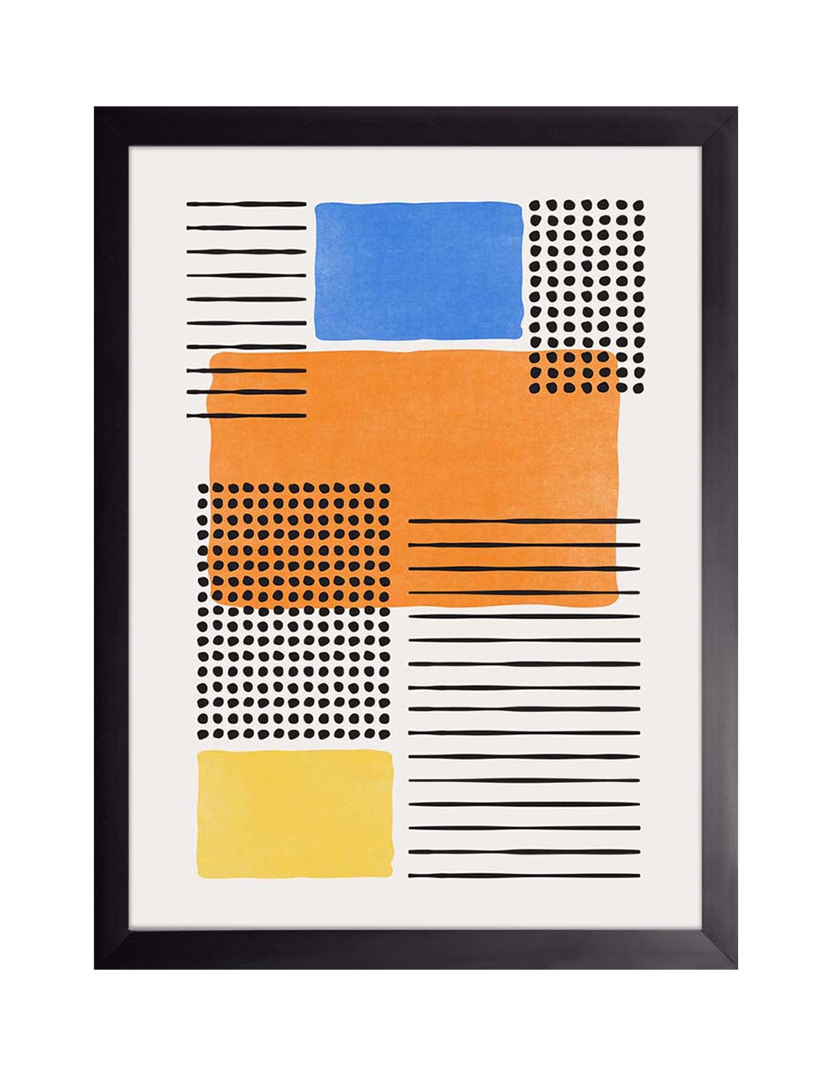 Verano Naranja: bloques naranja, azul y amarillo con puntos y rayas negras sobre fondo hueso, cuadro con marco negro (VA-008)