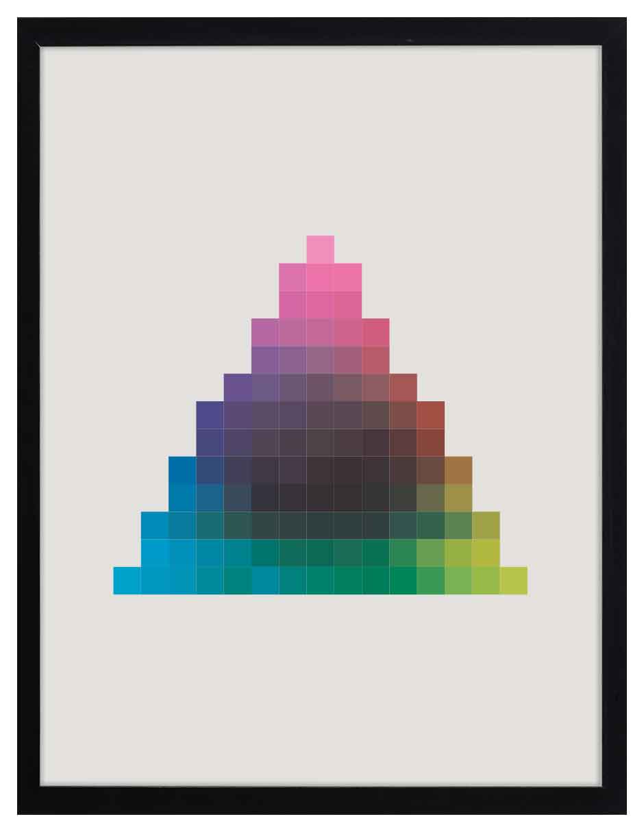 Vértice: triángulo de cuadritos en degradado de rosa, morado, azul, verde y amarillo, cuadro con marco negro (JG-152)