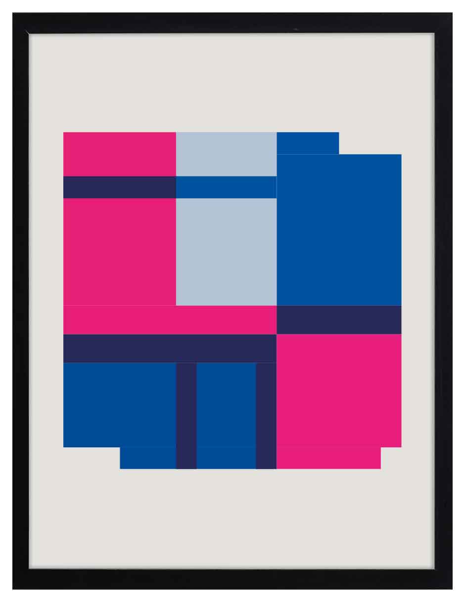 Vitral: bloques fucsia, celeste y azul separados por líneas azul marino en rejilla, cuadro con marco negro (JG-131)