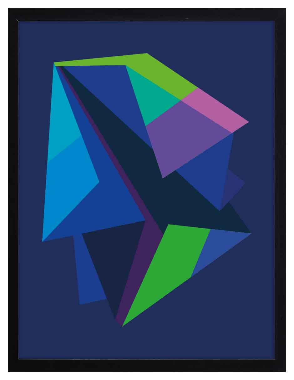 Zafiro: forma facetada en azul, verde, turquesa y violeta sobre fondo azul marino, cuadro con marco negro (JG-139)