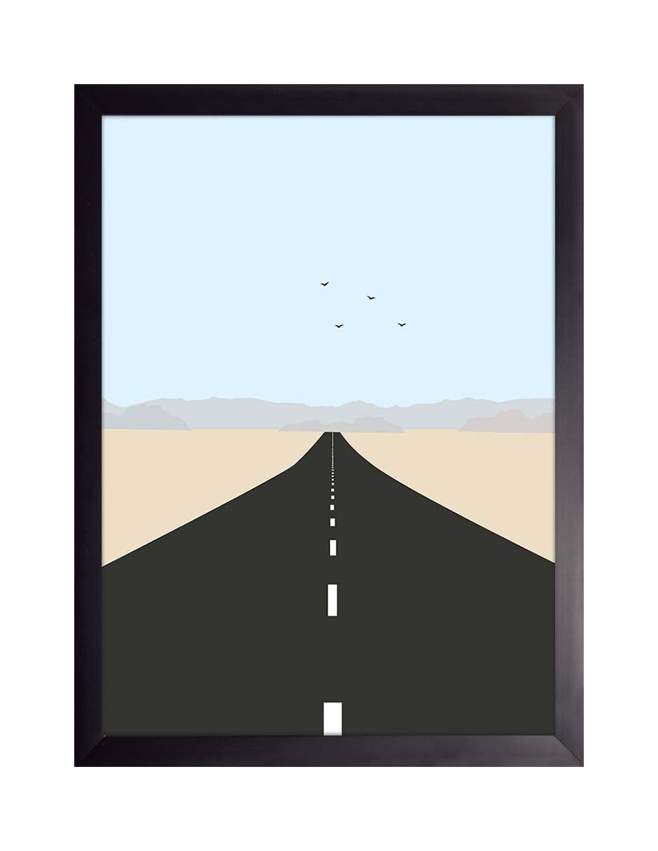 Asfalto: carretera recta de asfalto oscuro que cruza un desierto claro hasta unas montañas, cuadro con marco negro (PI-018)